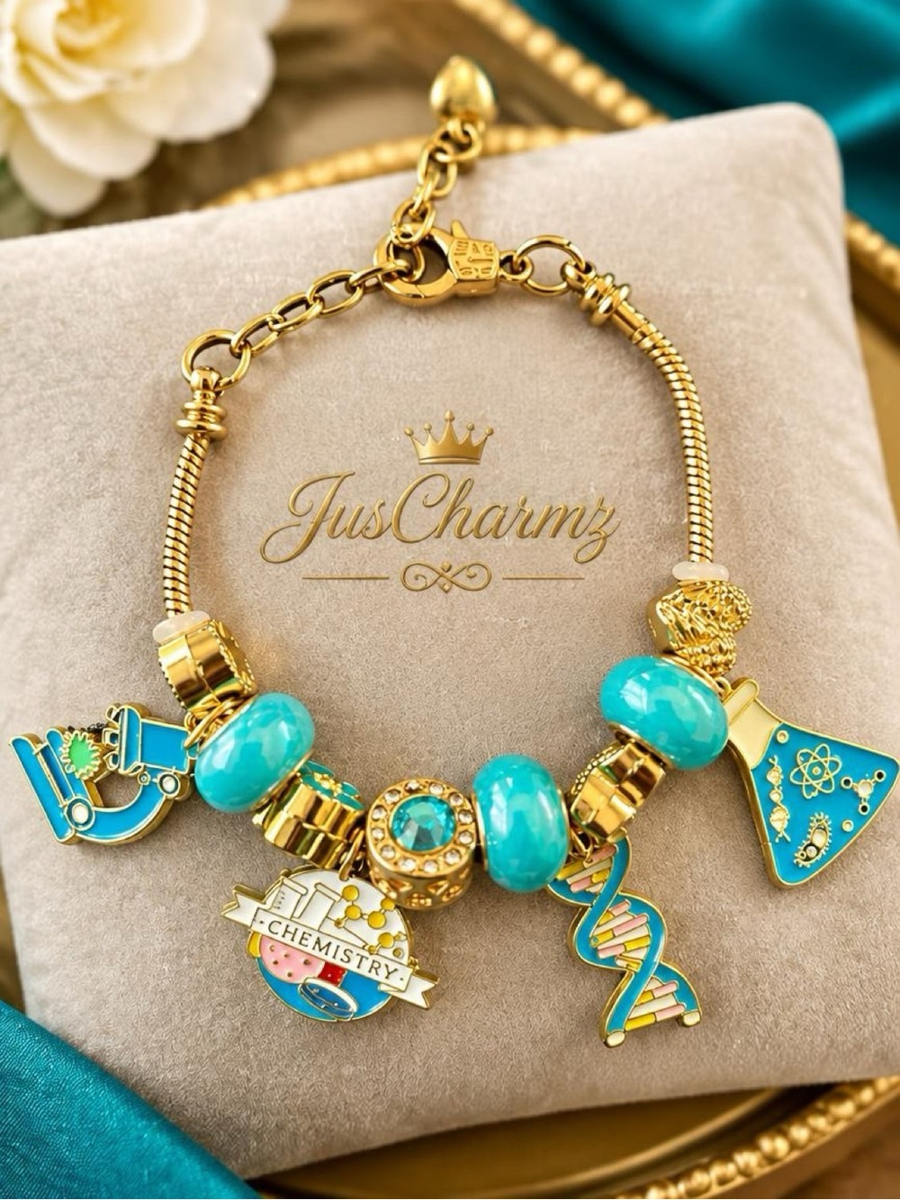 Gold & Turquoise Chemistry Charm Bracelet